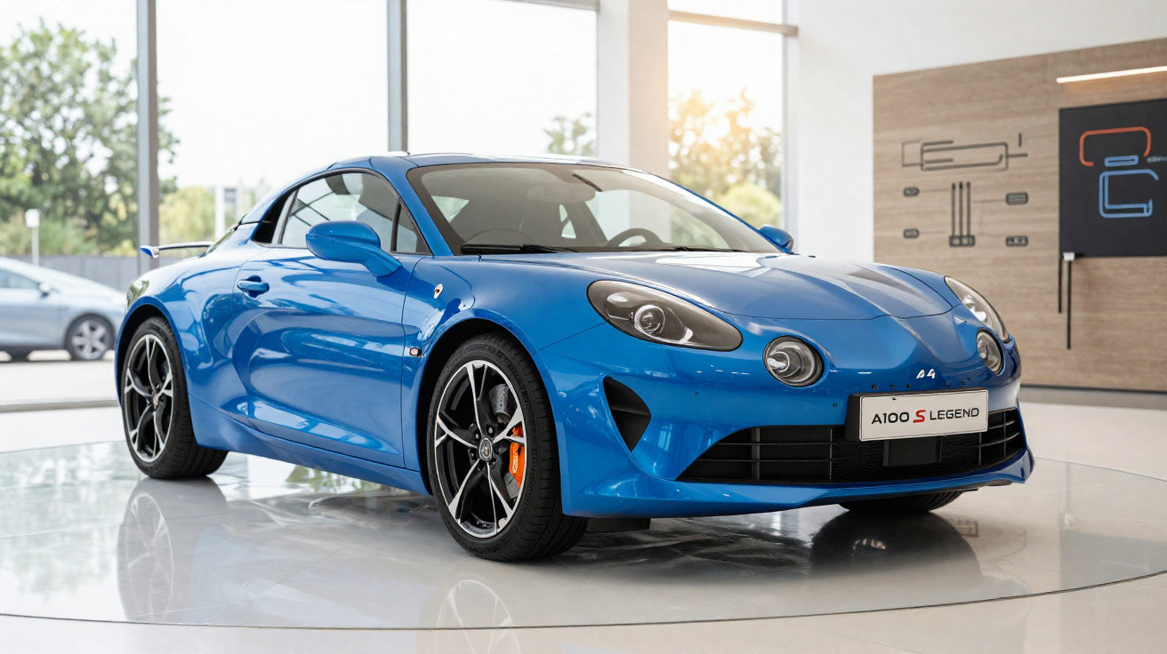 Automóvel desportivo azul Alpine A110 S Legend exposto em showroom moderno com paredes claras.