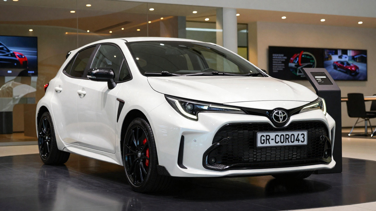 Carro desportivo branco Toyota GR Corolla exposto em interior moderno com luzes LED.