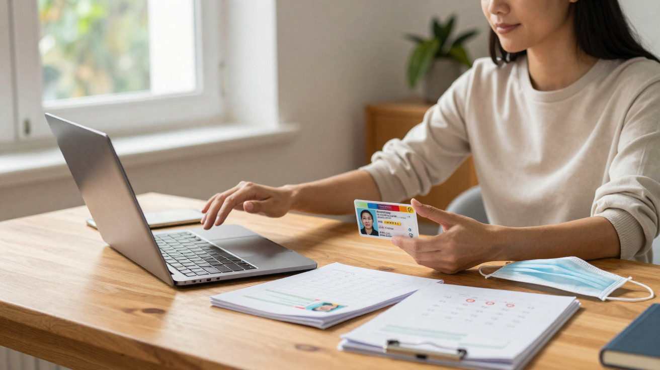 Pessoa a usar laptop enquanto segura cartão de identificação junto a máscara e documentos numa secretária de madeira.