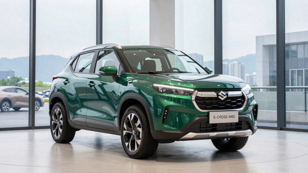 Suzuki S-Cross 4WD verde exibido em showroom com janelas grandes e vista urbana ao fundo.