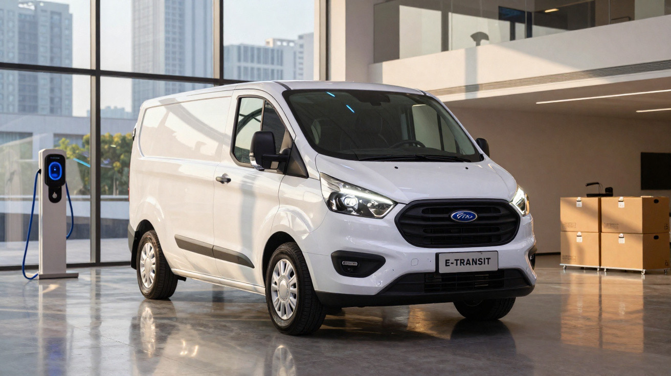 Carrinha elétrica branca Ford E-Transit carregando em estação dentro de armazém moderno.