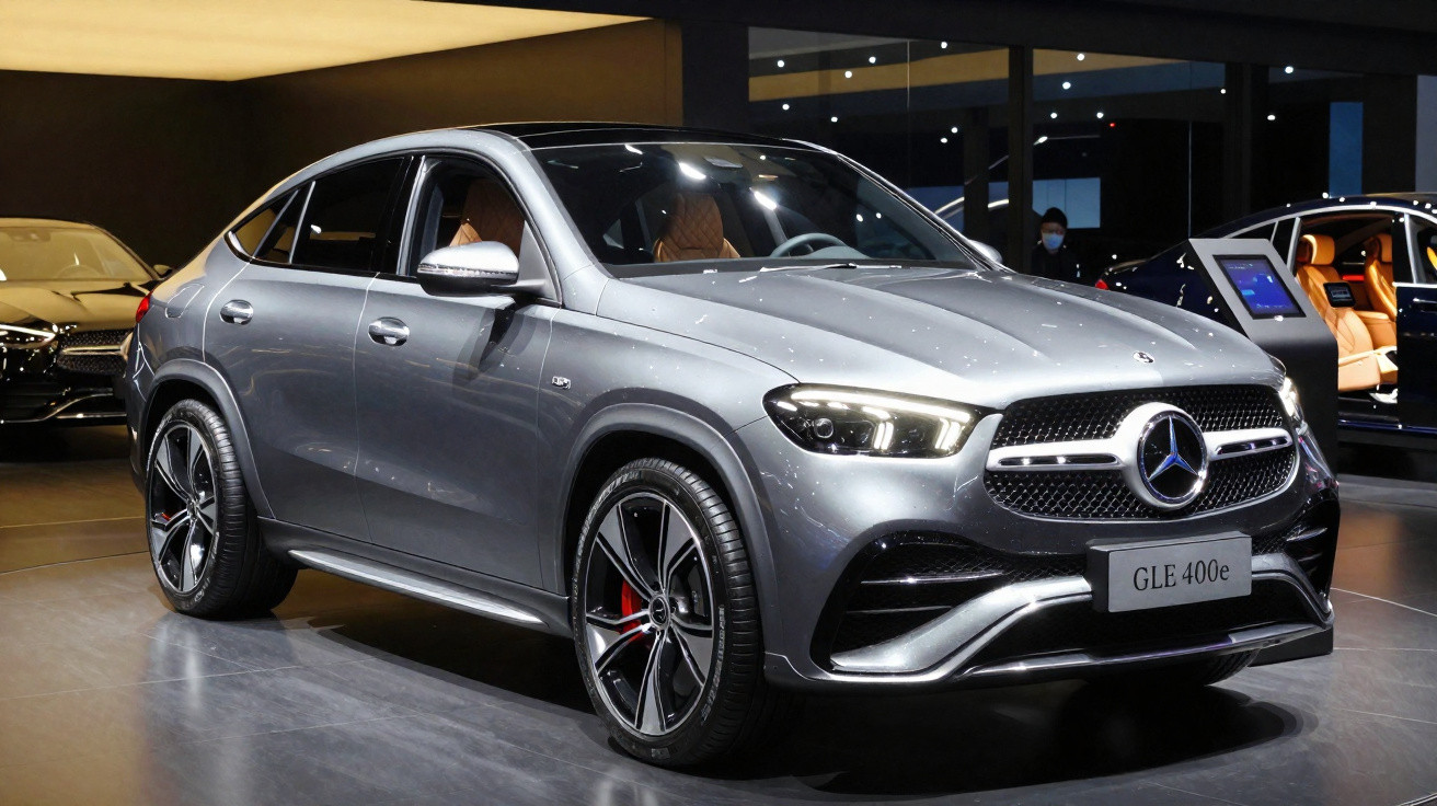 Carro Mercedes-Benz GLE 400e cinza metalizado exposto em salão automóvel moderno.