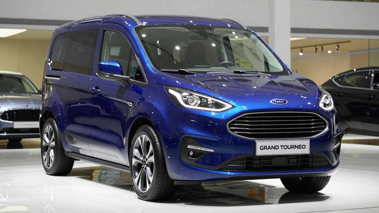 Automóvel azul Ford Grand Tourneo em exposição, vista frontal direita, com faróis modernos e grelha larga.