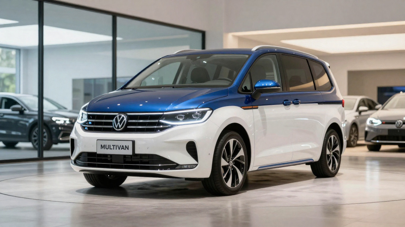 Carro Volkswagen Multivan azul e branco estacionado num salão de automóveis moderno.
