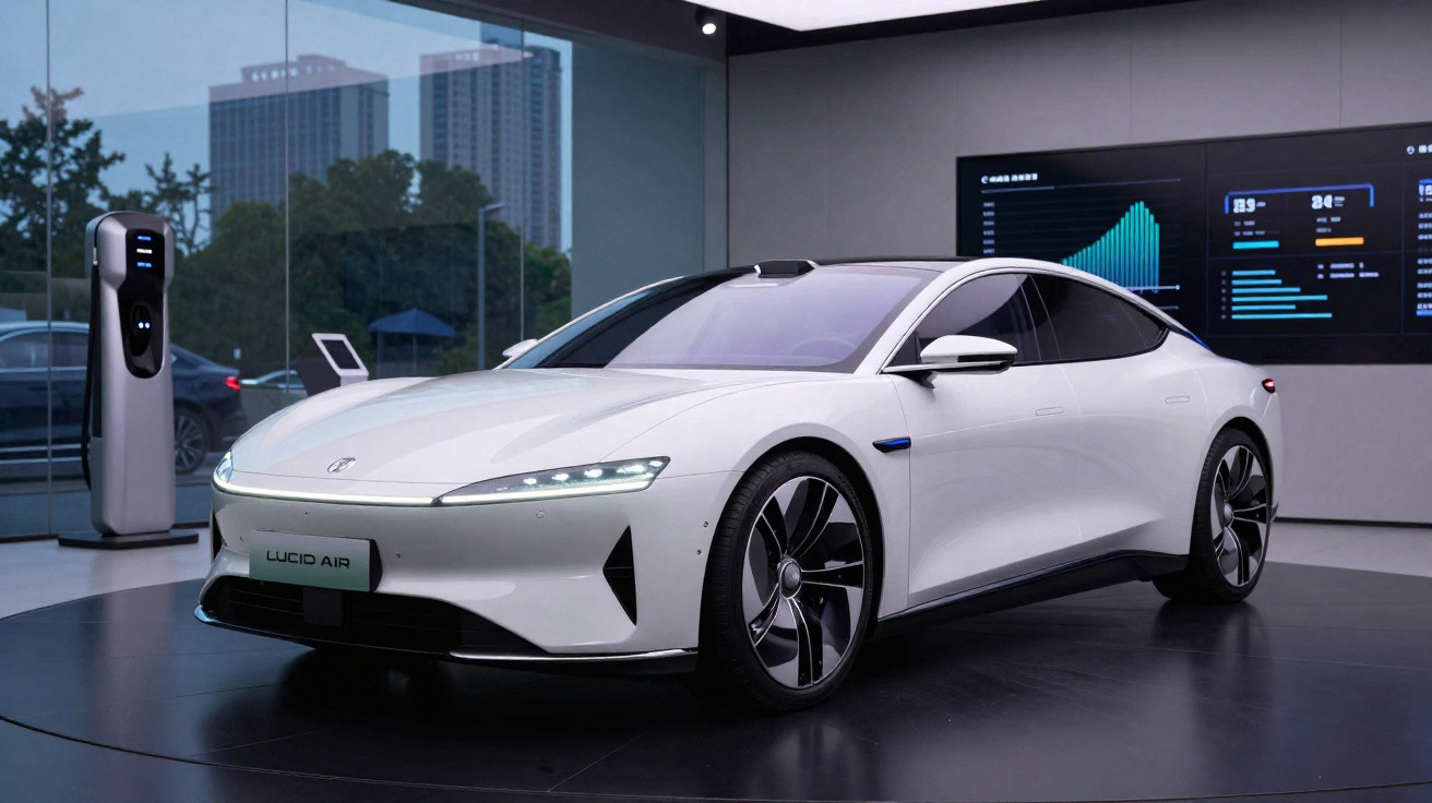 Carro elétrico branco Lucid Air exibido numa loja moderna com estação de carregamento e painéis digitais.