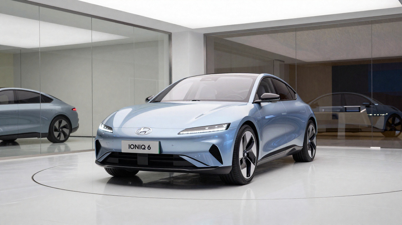 Carro elétrico Hyundai Ioniq 6 azul exposto numa sala moderna com paredes de vidro.