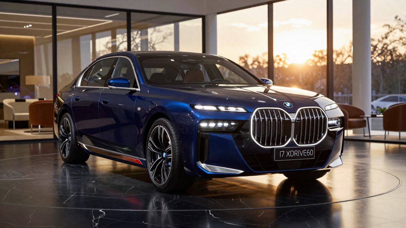 Carro BMW azul escuro modelo i7 XDrive60 estacionado em salão moderno com janelas amplas ao pôr do sol.