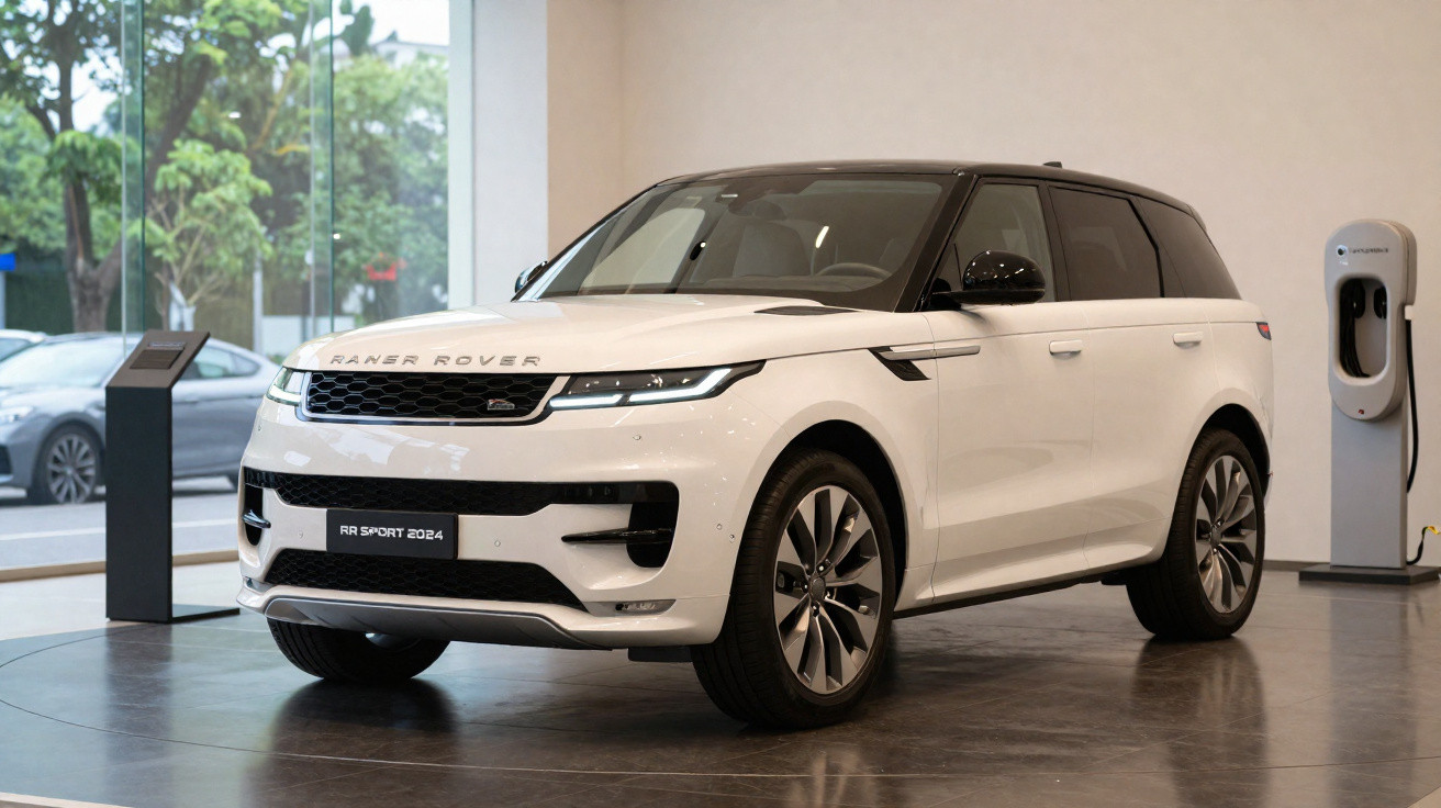 Carro SUV branco Range Rover RR Sport 2024 exposto em showroom com carregador elétrico ao lado.