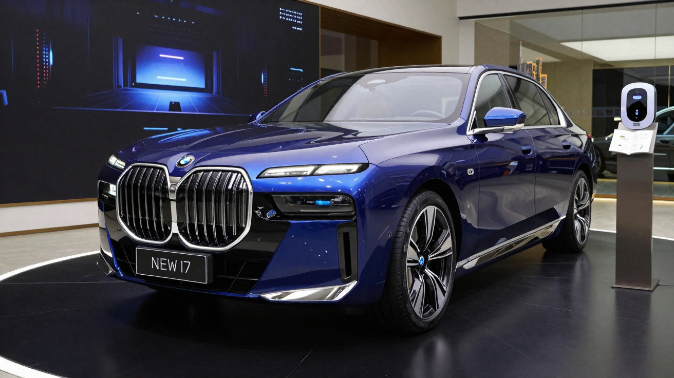 Carro elétrico BMW novo modelo I7 azul exposto em salão moderno com estação de carregamento ao lado.
