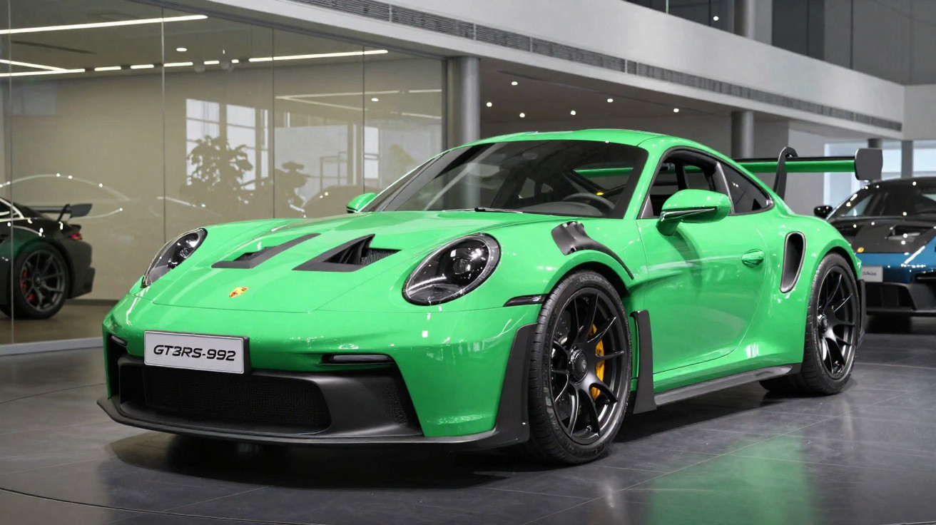 Carro desportivo Porsche GT3 RS-992 verde brilhante em exposição numa sala moderna.