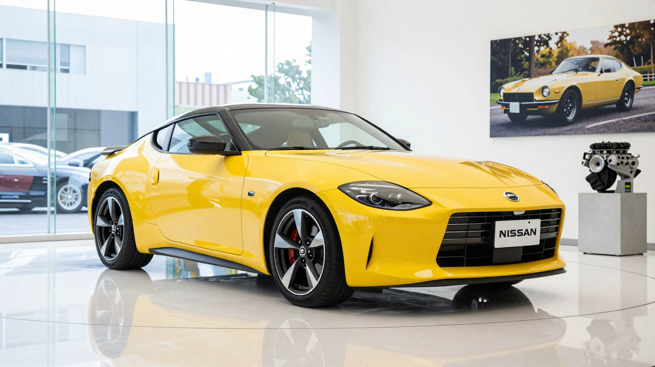 Carro desportivo Nissan amarelo exposto em salão moderno com parede branca e painel com fotografia do mesmo modelo clássico.