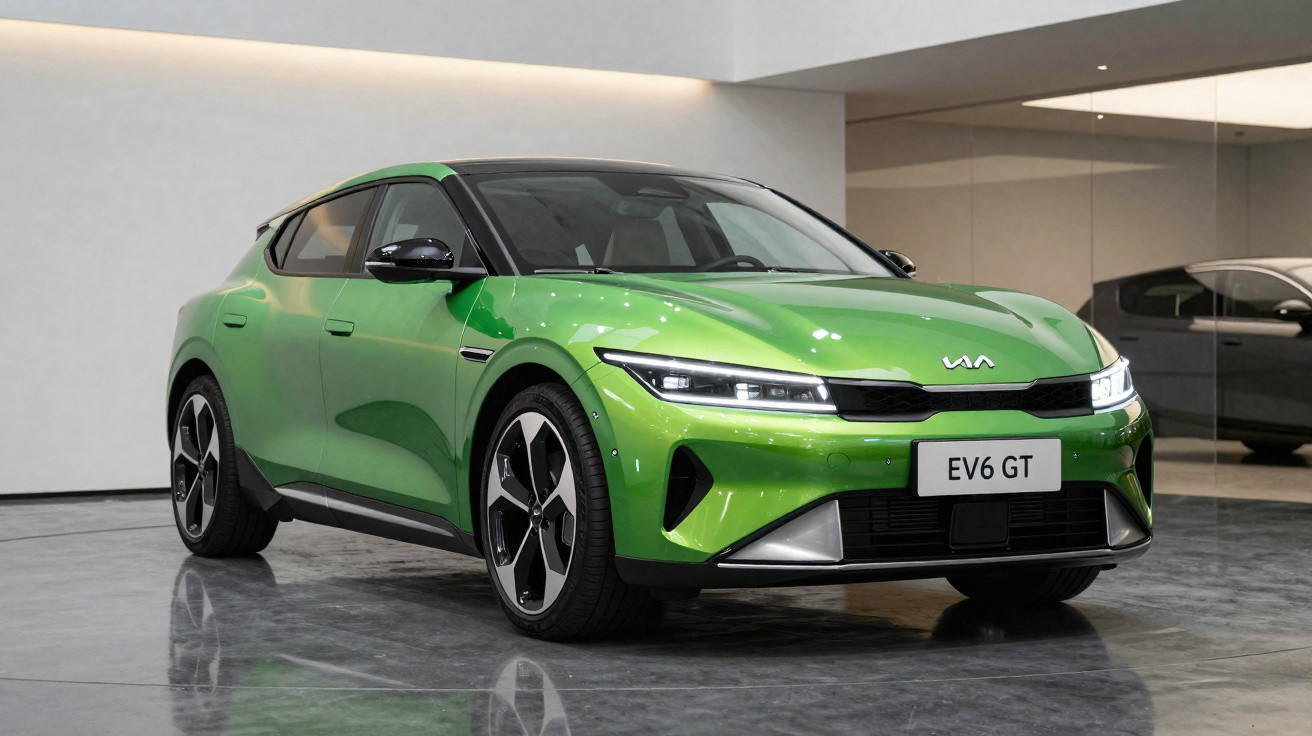 Carro elétrico verde Kia EV6 GT estacionado em ambiente interior moderno e minimalista.