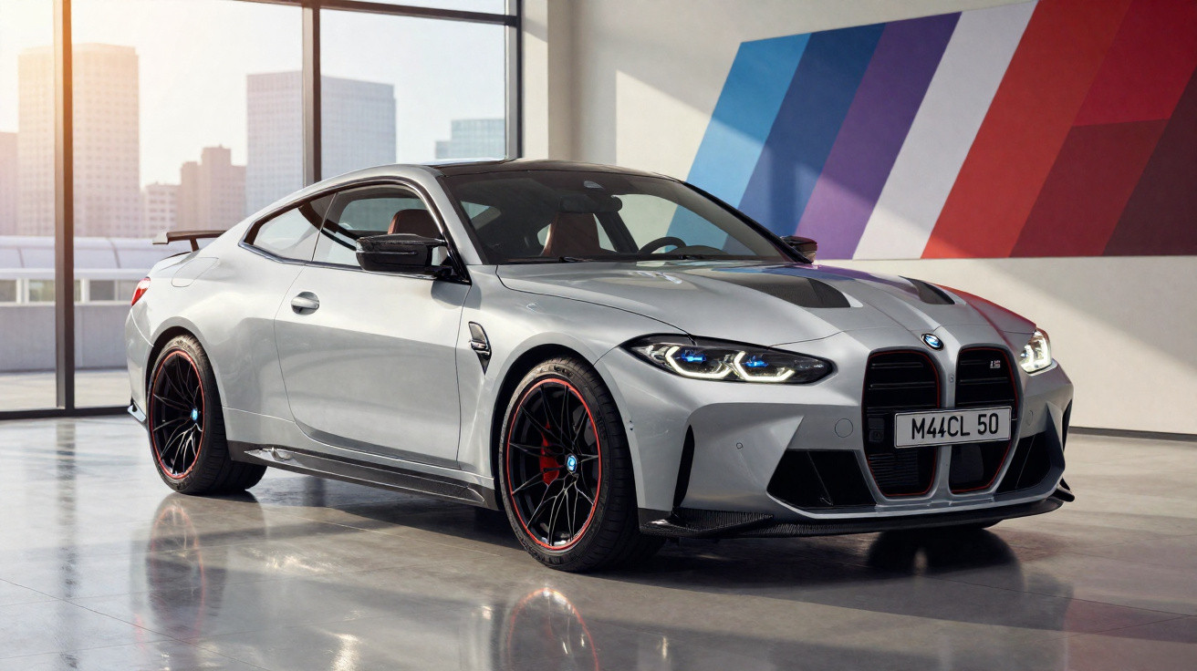 BMW M4 cinzento estacionado em interior moderno com grandes janelas e painéis coloridos na parede.