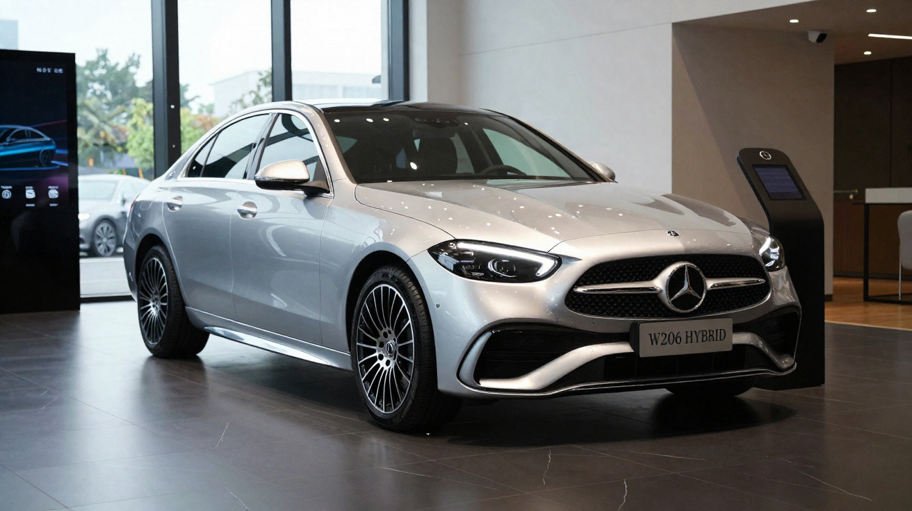 Automóvel Mercedes-Benz W206 Hybrid cinzento exposto em stand moderno com chão de mármore escuro.
