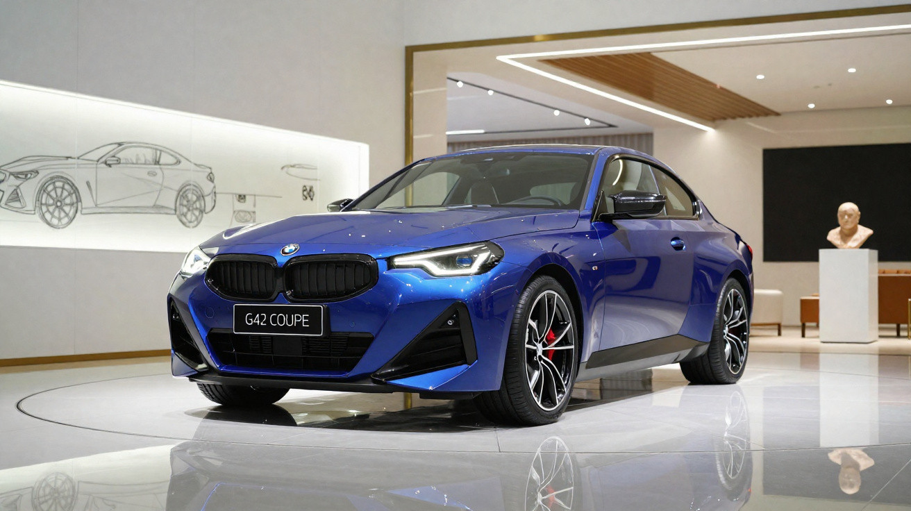 Carro BMW G42 Coupe azul brilhante exibido numa sala moderna com iluminação suave e arte na parede.