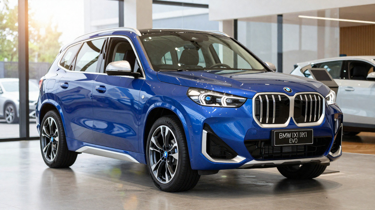 Carro BMW iX1 EVO azul estacionado em showroom moderno com luz natural e paredes de vidro.