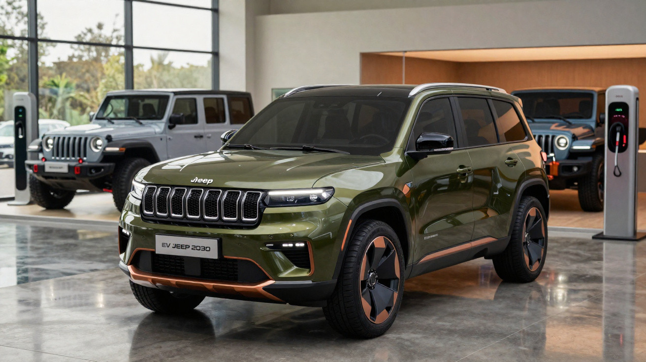 SUV elétrico Jeep EV 2030 verde com detalhes laranja em exposição numa garagem moderna e minimalista.