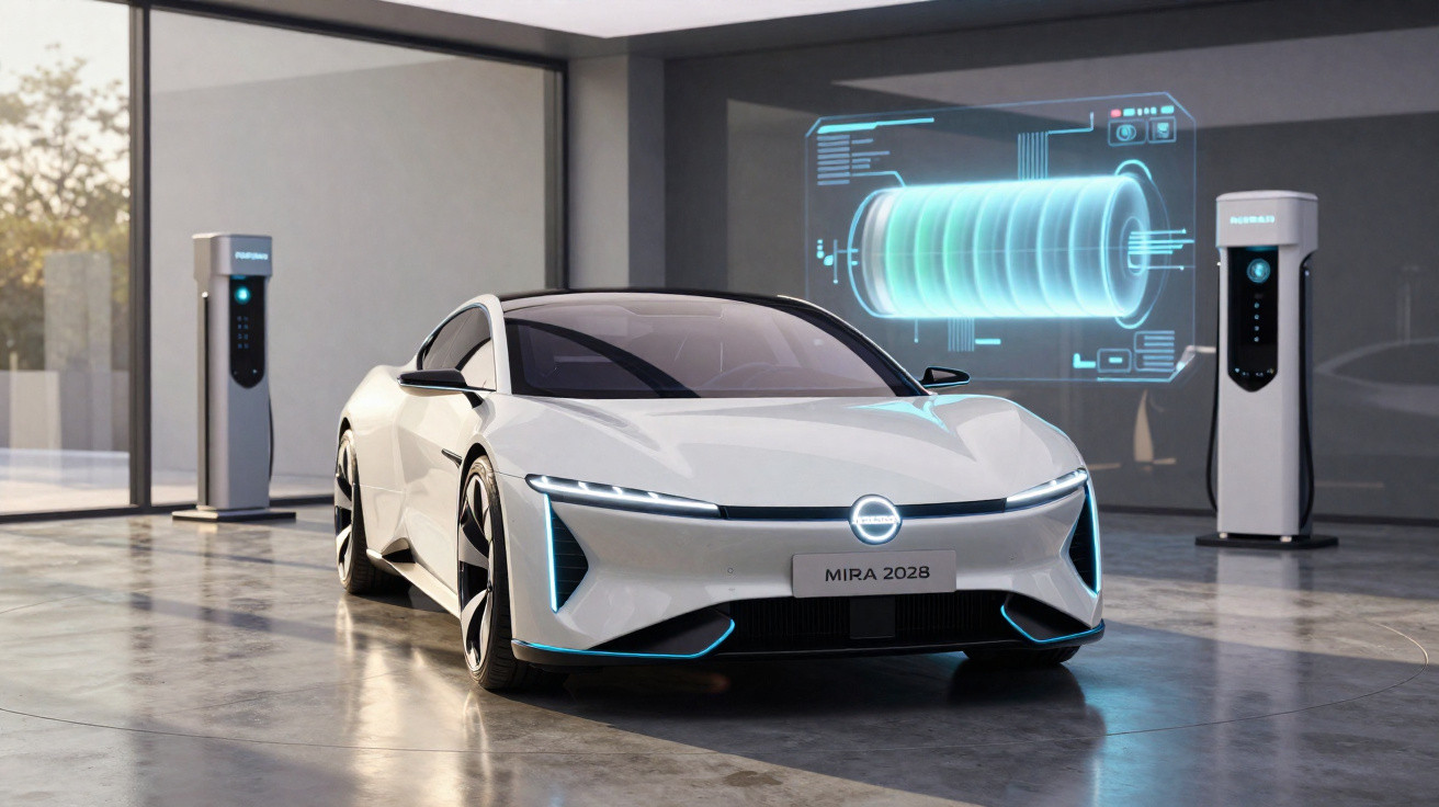Carro elétrico branco futurista MIRA 2028 numa garagem com dois postos de carregamento e ecrã digital.