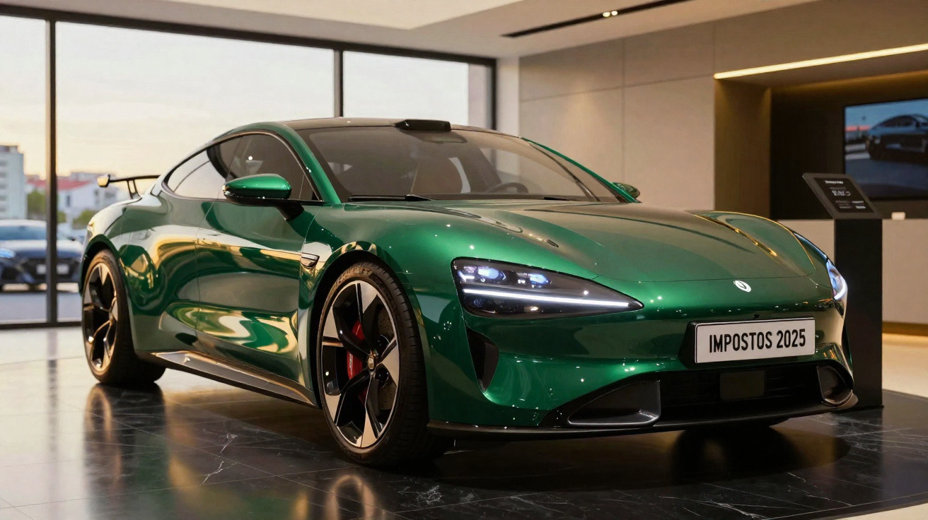 Carro desportivo verde metálico em showroom com matrícula personalizada "IMPOSTOS 2025".