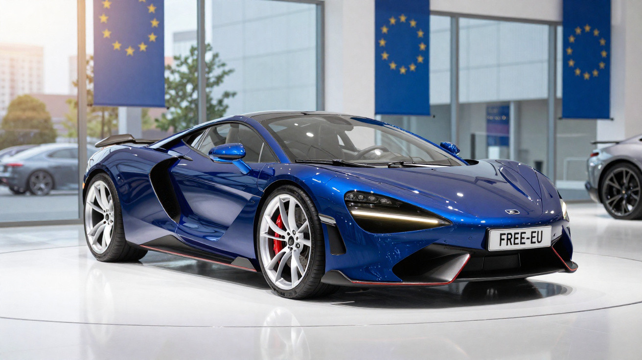 Carro desportivo azul metálico exposto num salão com bandeiras da União Europeia ao fundo.
