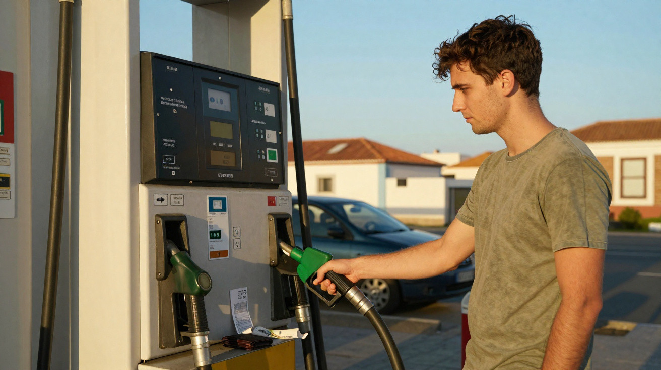 Homem de camiseta verde a abastecer carro numa bomba de gasolina ao ar livre.