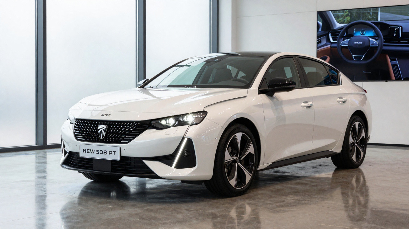 Automóvel Peugeot 508 branco apresentado em sala moderna com chão de cimento polido e ecrã ao fundo.