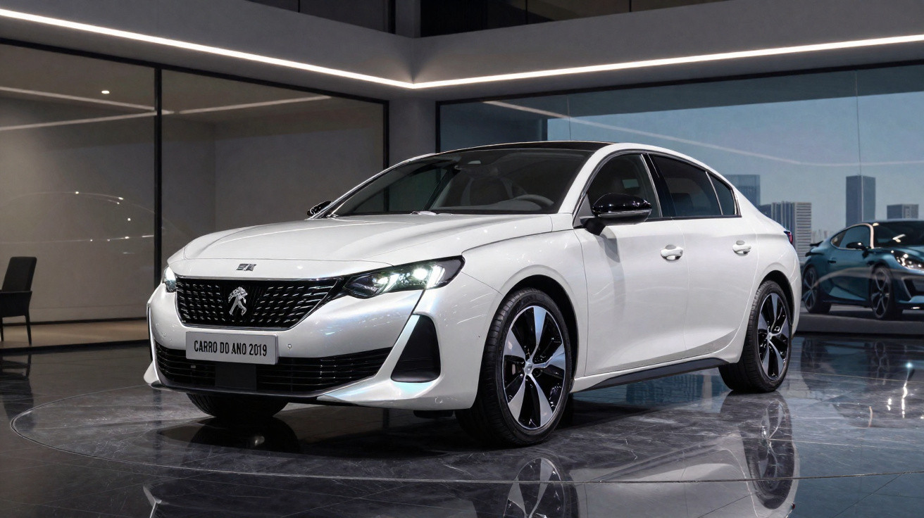 Peugeot 508 branco em exposição numa sala moderna, com iluminação destacando o design elegante do carro.