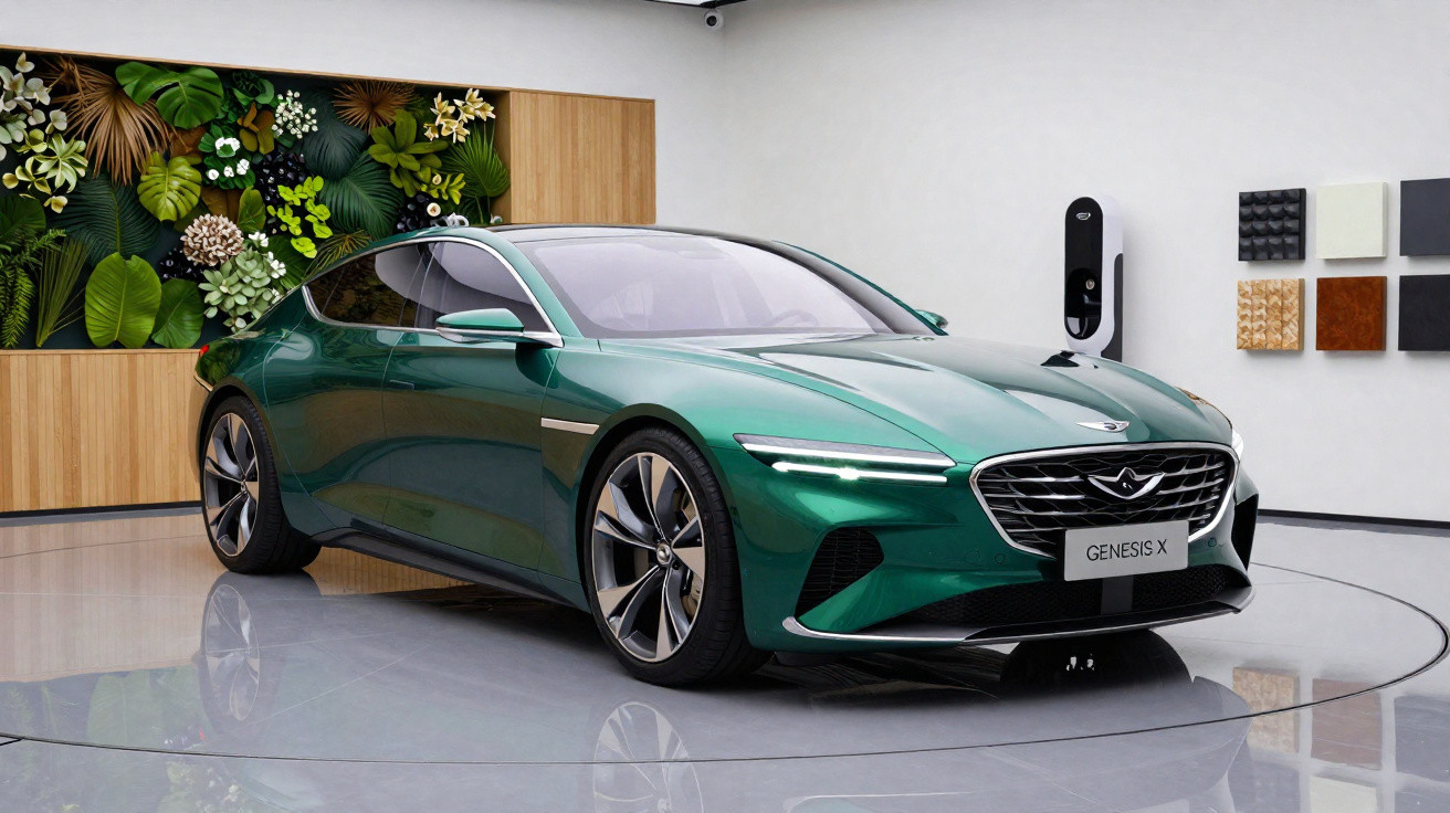 Carro eléctrico Genesis X verde exposto em sala moderna com parede decorada com plantas e painéis amostragem.