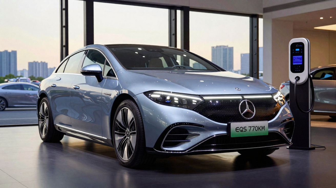 Carro elétrico Mercedes-Benz EQS prata estacionado em showroom ao lado de posto de carregamento.