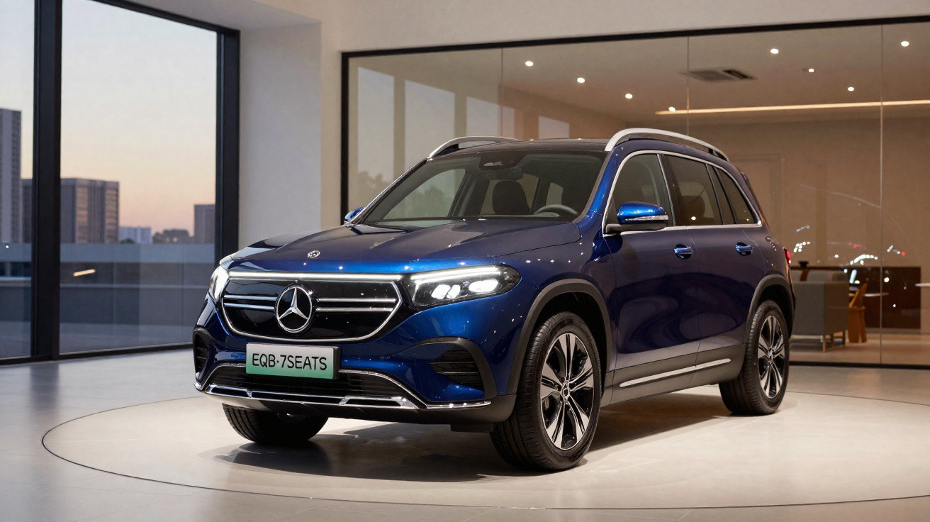 Carro elétrico SUV Mercedes-Benz EQB azul em exposição num espaço interior moderno.