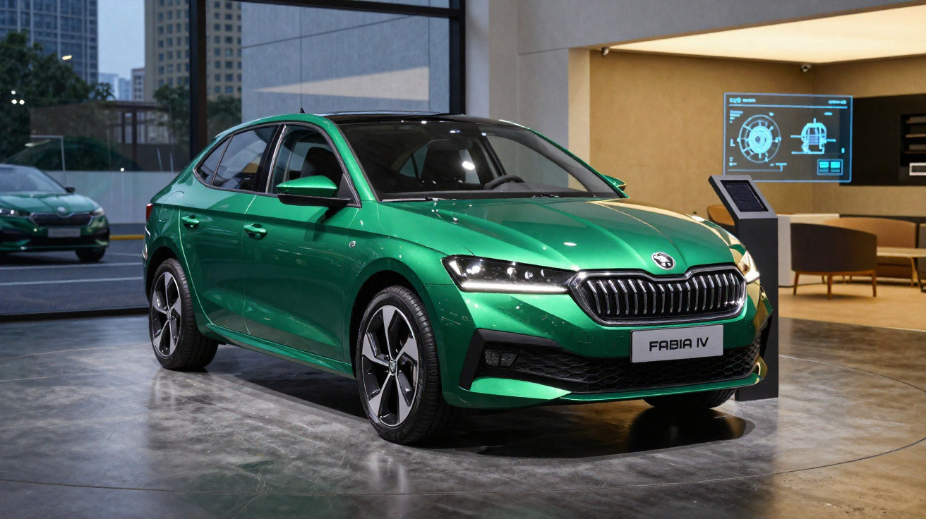 Carro Škoda Fabia IV verde metálico em exposição numa sala moderna com luz suave.