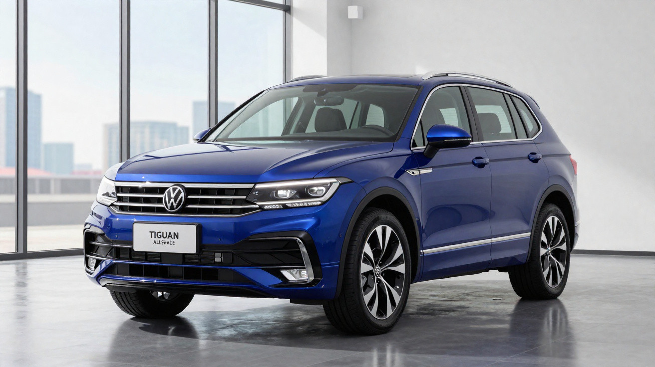 Carro SUV Volkswagen Tiguan Allspace azul estacionado num espaço interior moderno com janelas grandes.