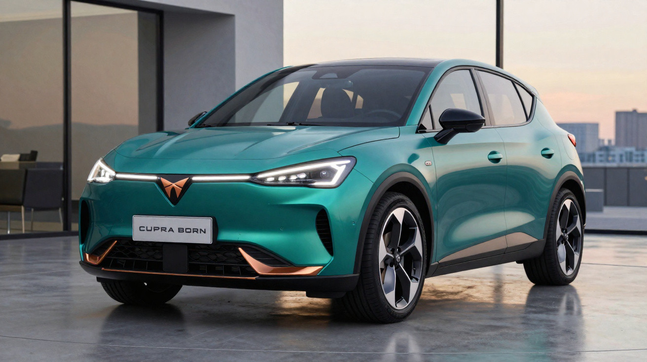 Carro elétrico Cupra Born verde metálico estacionado numa superfície urbana moderna ao pôr do sol.