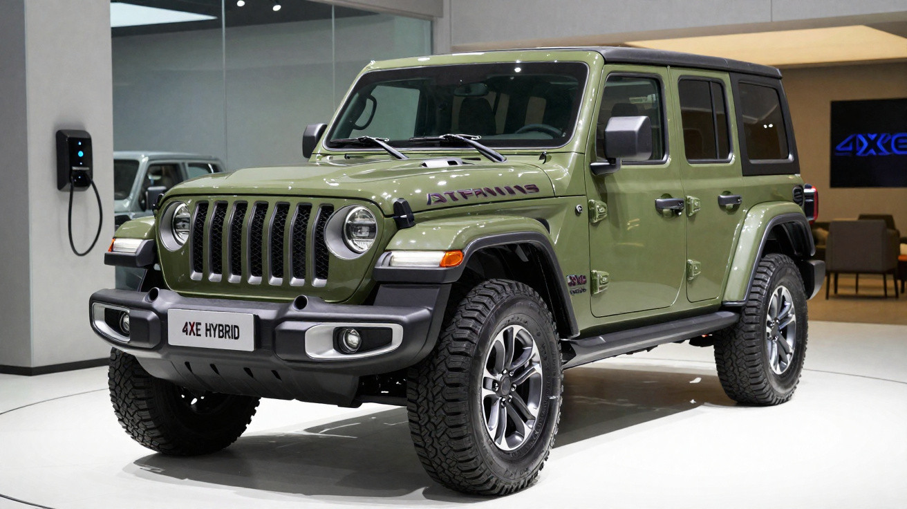 Jeep Wrangler 4XE Hybrid verde estacionado num espaço interior com carregador elétrico na parede.