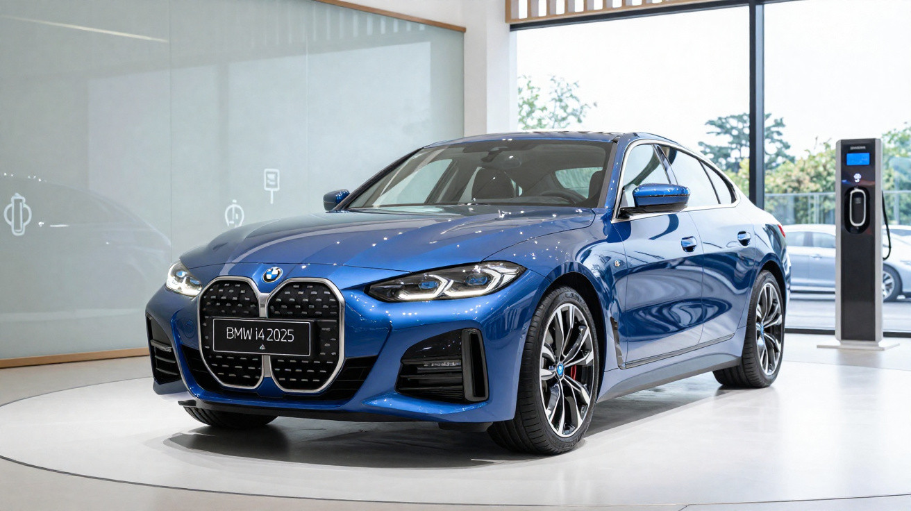Carro elétrico BMW i4 2025 azul numa sala de exposição, com posto de carregamento ao lado.