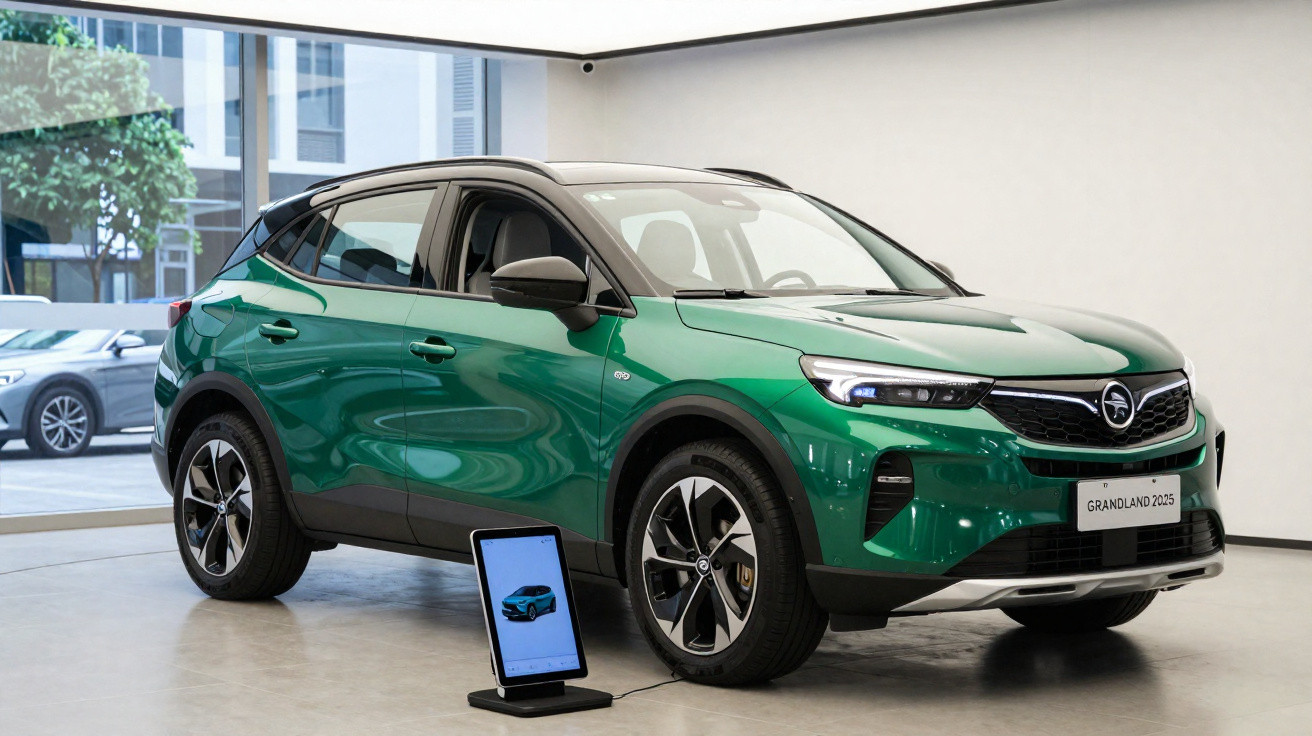 Carro Opel Grandland 2025 verde exposto em salão moderno com ecrã digital ao lado.