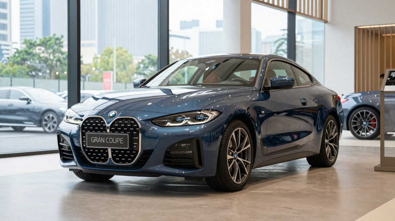 Carro BMW Gran Coupe azul escuro, estacionado dentro de uma showroom com janelas grandes.
