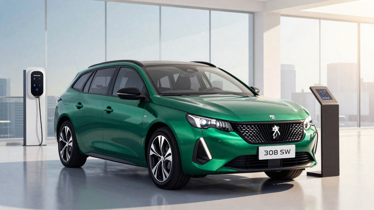 Carro elétrico Peugeot 308 SW verde a carregar numa estação de carregamento moderna e minimalista.