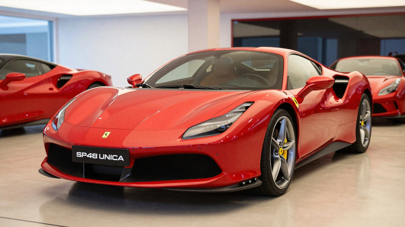 Carro desportivo Ferrari vermelho estacionado em sala de exposições com chão de cimento polido.