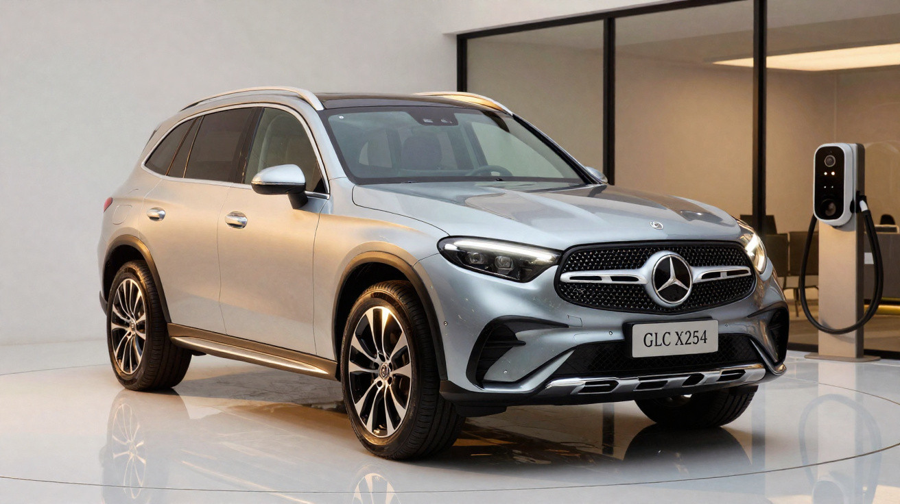 Carro elétrico Mercedes-Benz prateado modelo GLC X254 numa sala com estação de carregamento.