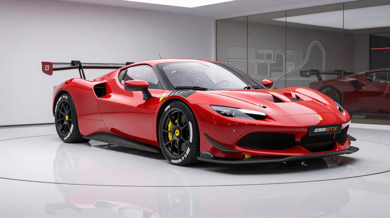 Carro desportivo Ferrari 296 GTB vermelho estacionado em espaço minimalista com chão e paredes brancas.