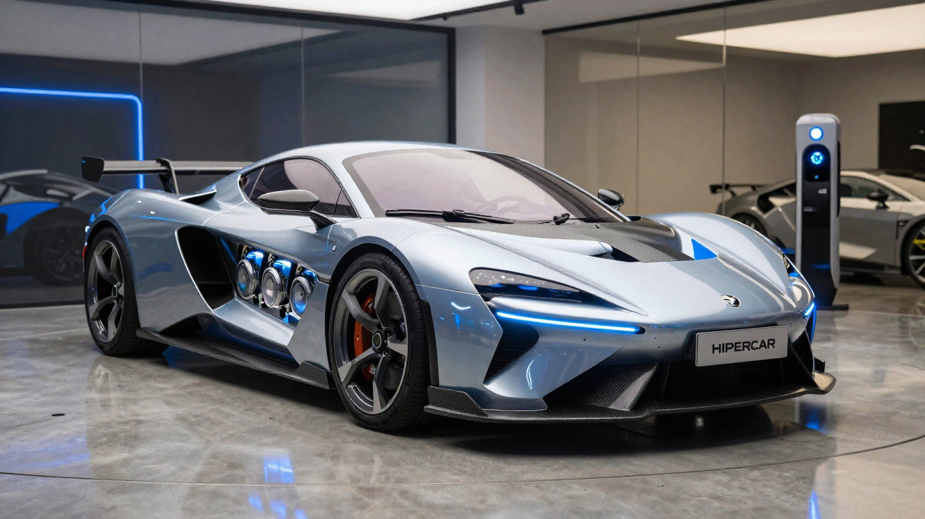 Carro desportivo moderno e prateado estacionado em espaço interior com parede de vidro e postos de carregamento elétrico.