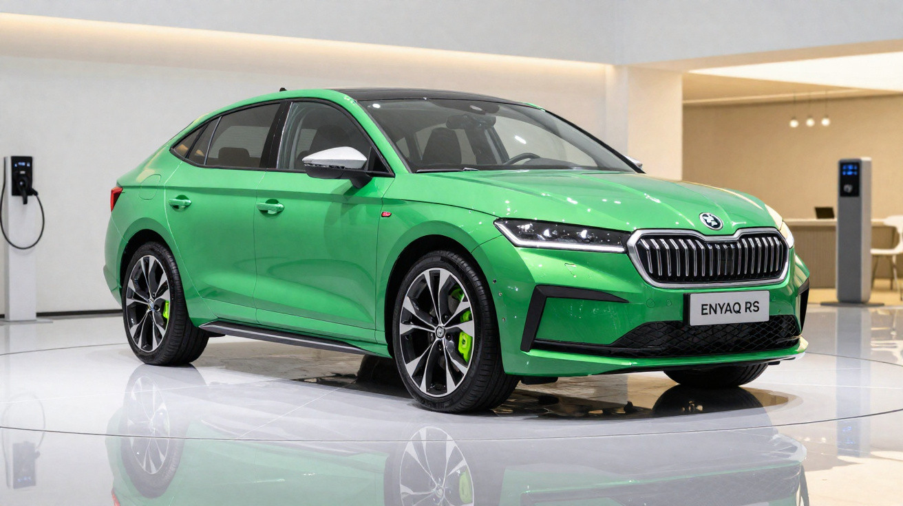 Carro elétrico Skoda Enyaq RS verde numa exposição com carregadores ao fundo.