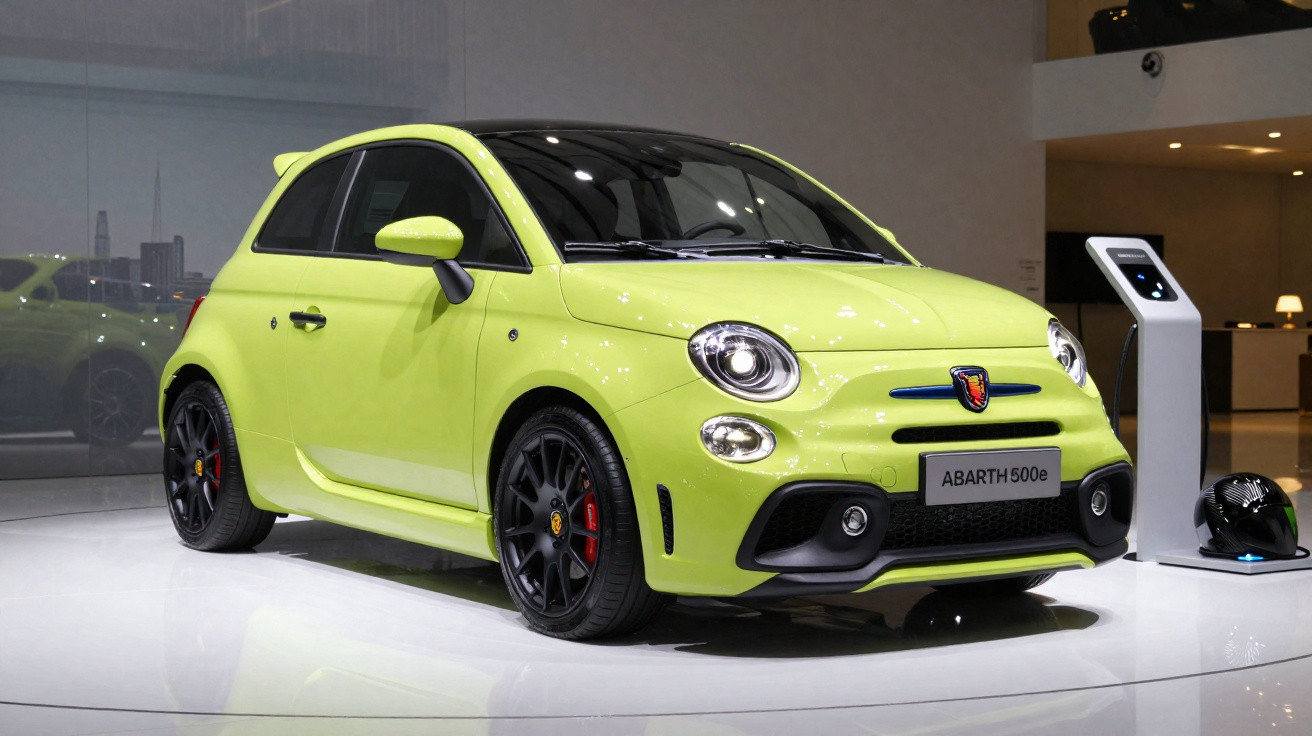 Carro desportivo compacto amarelo Abarth 500e estacionado em salão moderno com freio de disco vermelho.