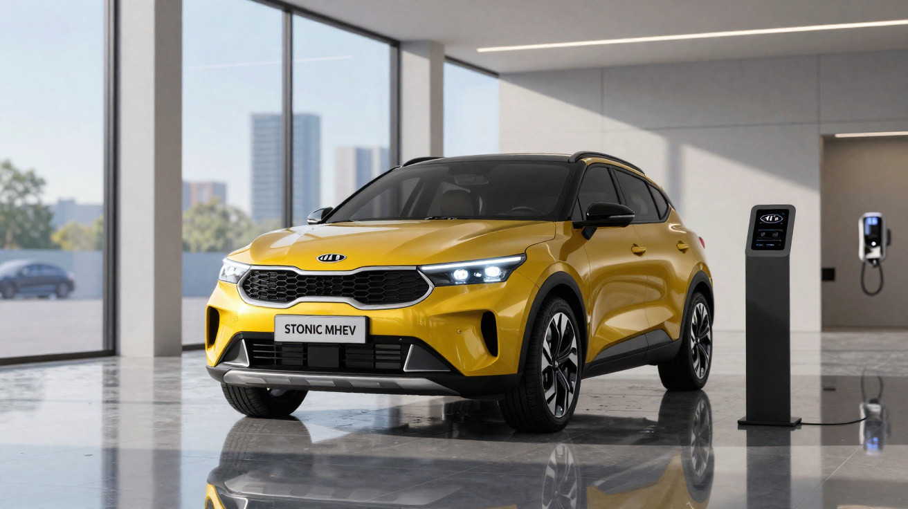 Carro Kia Stonic MHEV amarelo estacionado em espaço moderno com carregador elétrico ao lado.