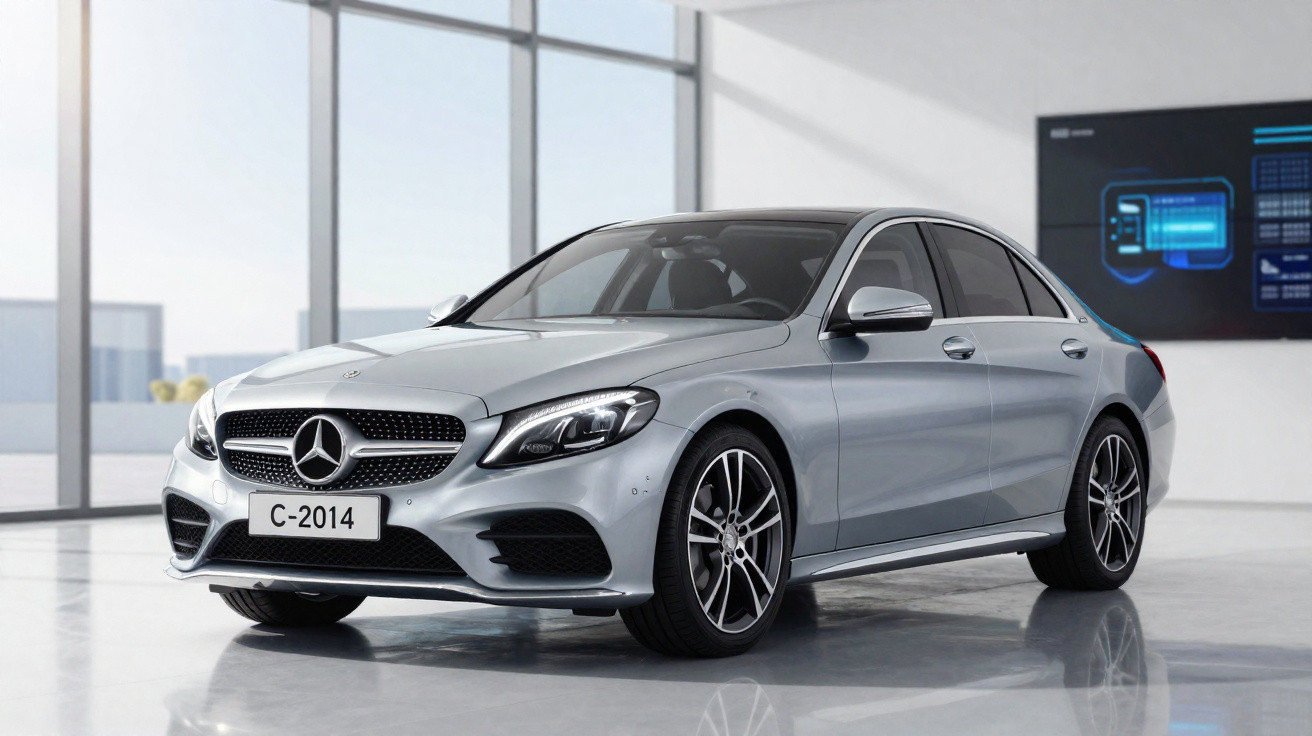 Mercedes-Benz cinzento estacionado em sala moderna com janelas grandes e luz natural.