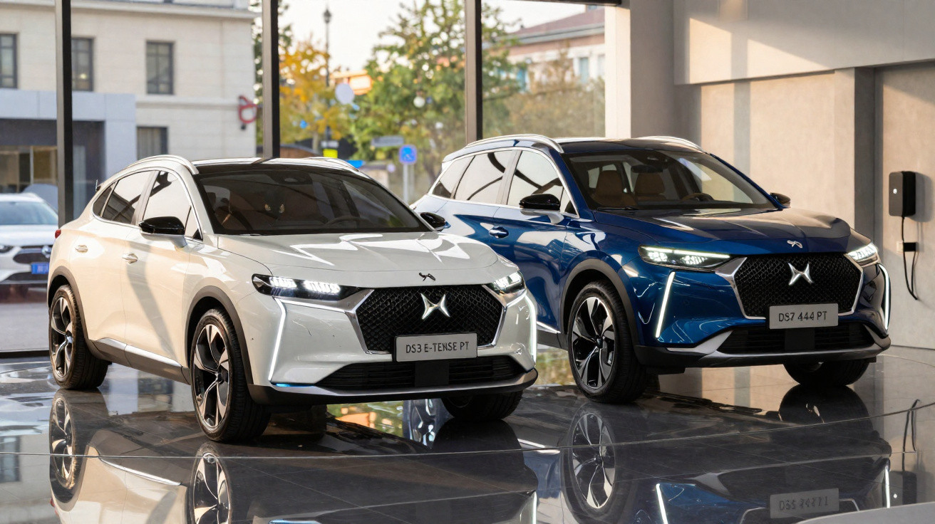 Dois carros elétricos DS Automobiles, um branco e um azul, estacionados em showroom moderno com chão refletor.