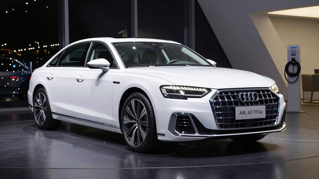 Carro Audi A8L 60 TFSIe branco em exposição com iluminação interior moderna à noite.
