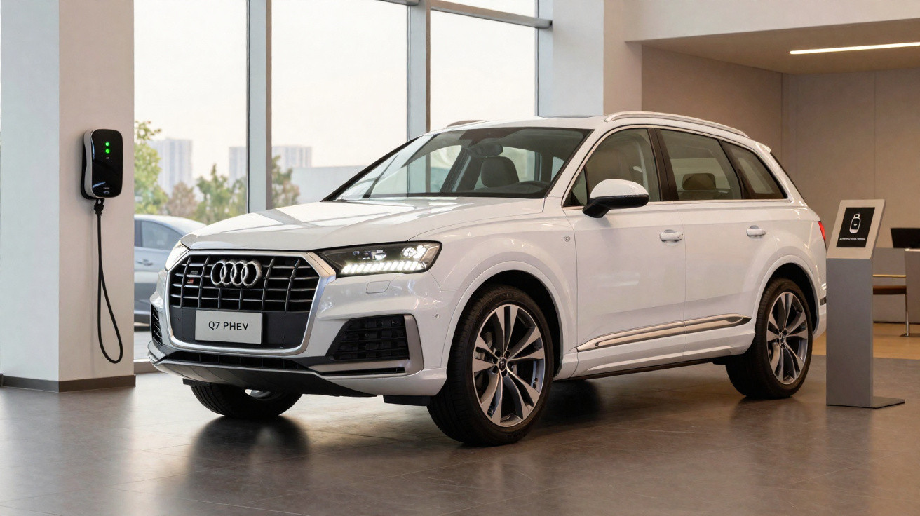 Carro Audi Q7 PHEV branco exibido em sala com carregador elétrico na parede à esquerda.