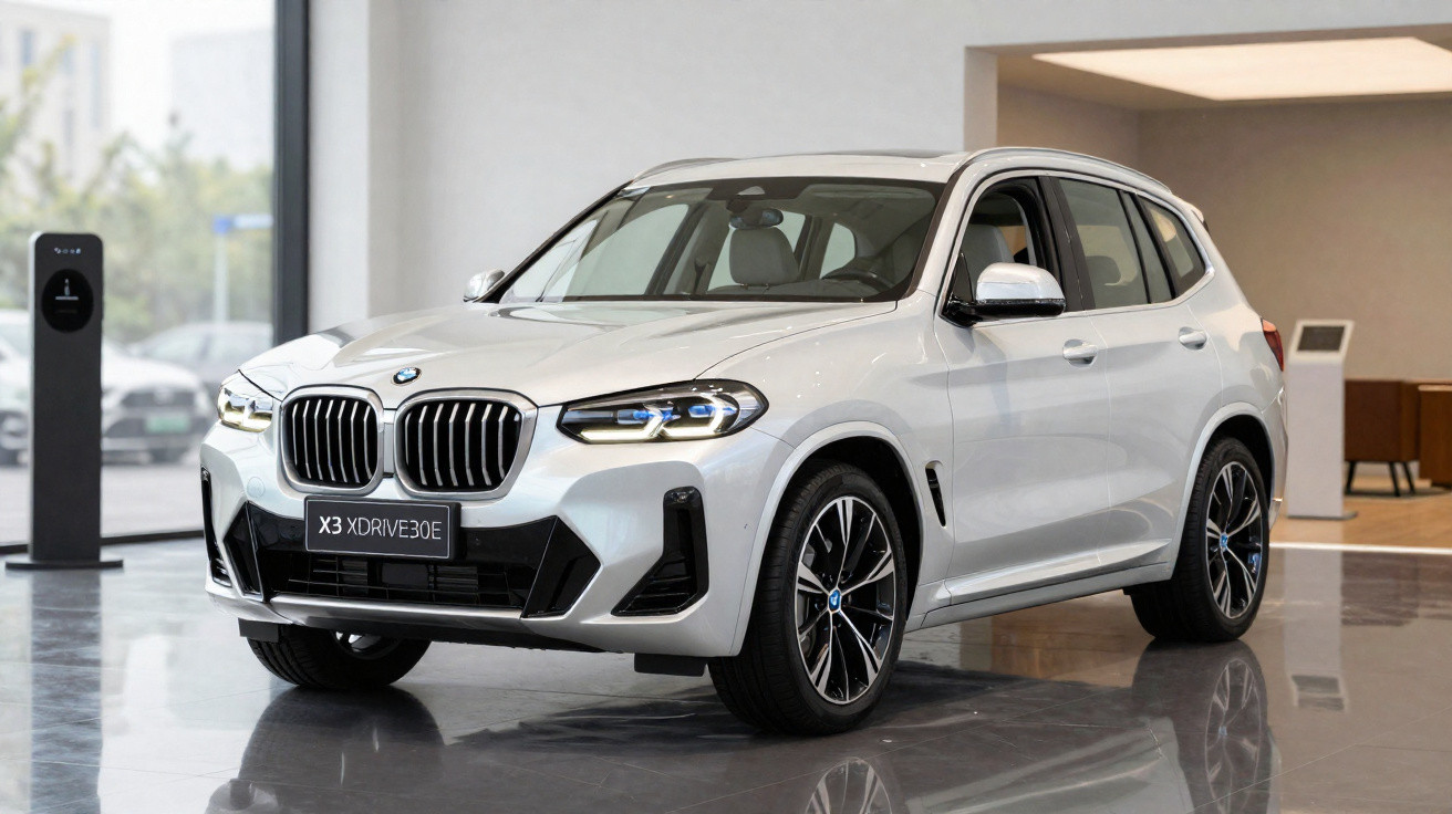 Veículo BMW X3 XDrive30e branco estacionado numa exposição coberta com chão reflexivo.